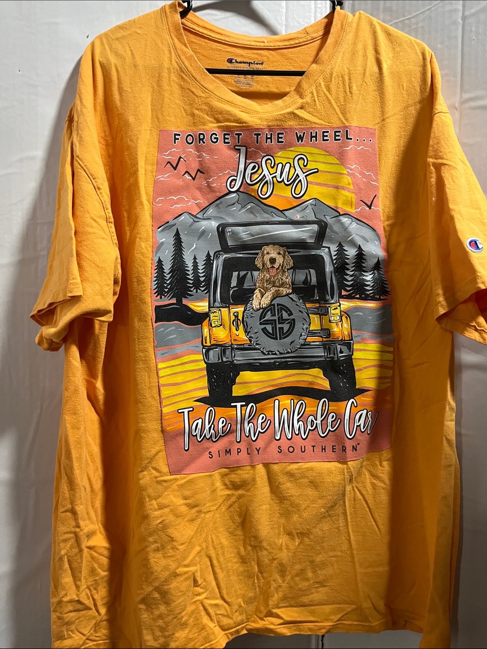 Simply Southern Men’s Yellow Graphic Short Sleeve Tee with Jeep & Dog